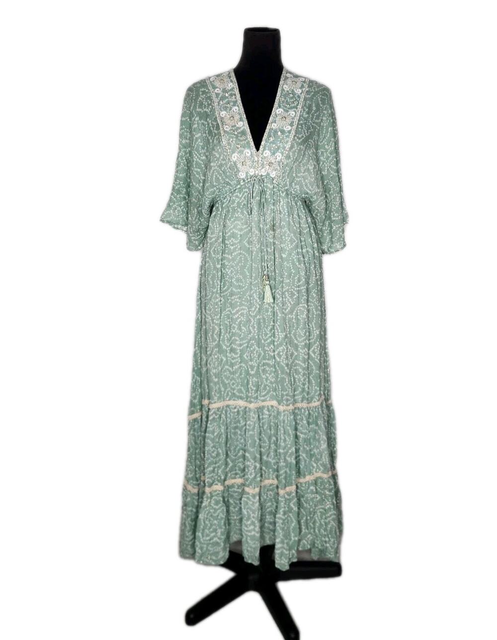 Zury Boho Maxi Dress Sage Green Gold Sequin Embroidered Tassel Tiered OS